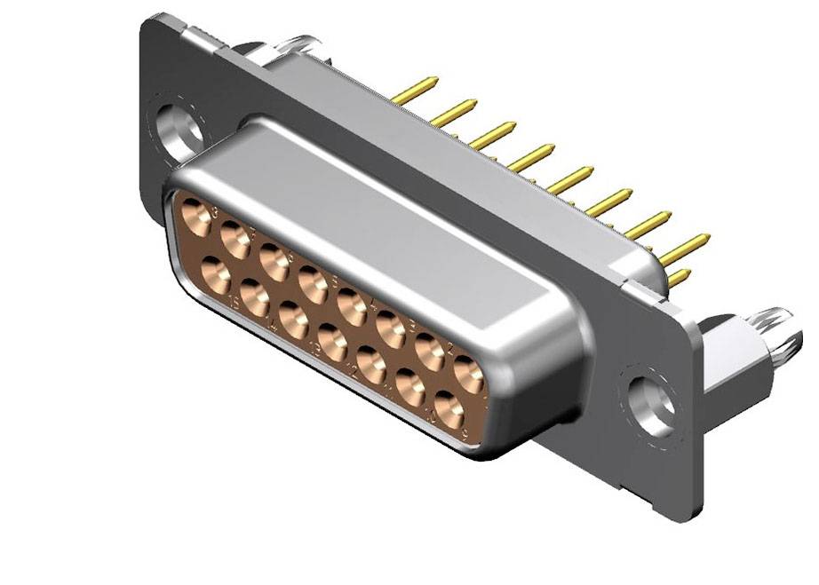 Ein D-Sub-Stecker mit neun goldenen Pins, seitlich zwei Befestigungslöcher. Geeignet für serielle Verbindung von elektronischen Geräten.