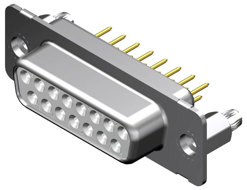 Ein 13-poliger D-Sub-Stecker mit silbernem Gehäuse und goldenen Anschlussstiften, verwendet für elektronische Verbindungen.