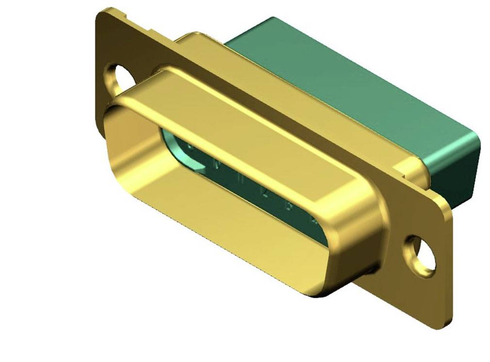 Goldener D-Sub-Steckverbinder mit zwei Befestigungslöchern und grünem Gehäuse, zur Verwendung in elektronischen Geräten.