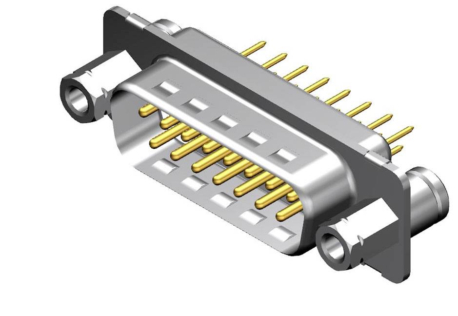 Ein silberfarbener Stecker mit mehreren goldenen Stiften, typischerweise für elektronische Verbindungen in Computern und Geräten verwendet.