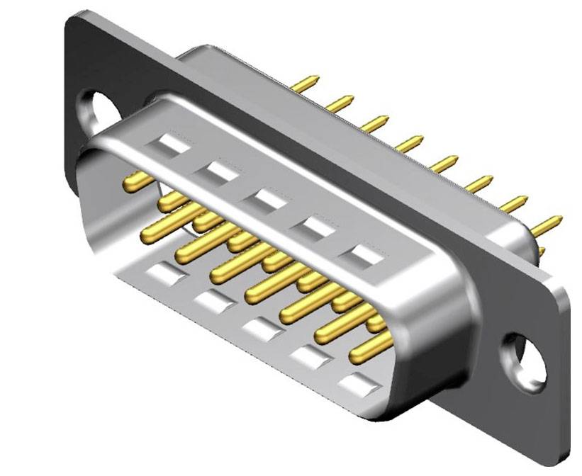 Ein metallischer D-Sub-Stecker mit goldenen Pins; übliche Anwendung in Computer- und Telekommunikationsverbindungen.