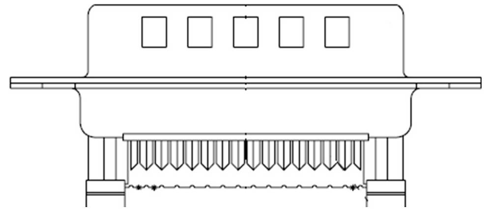 Ein technisches Diagramm zeigt eine Maschine mit fünf quadratischen Fenstern oben und einer Reihe vertikaler Elemente unten.