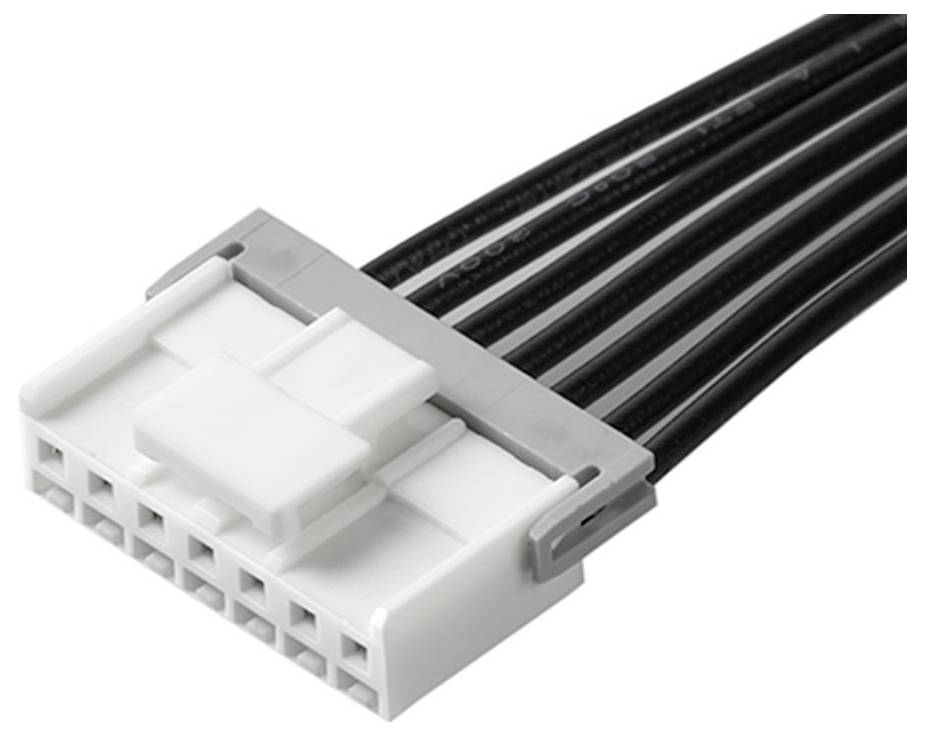 Ein weißer Steckverbinder mit mehreren schwarzen Kabeln, der für elektronische Verbindungen verwendet wird.