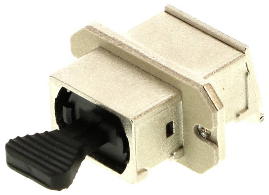Kleiner, silberner Toggle-Schalter mit schwarzem Hebel, montiert auf einer Leiterplatte. Schaltfunktion unklar.