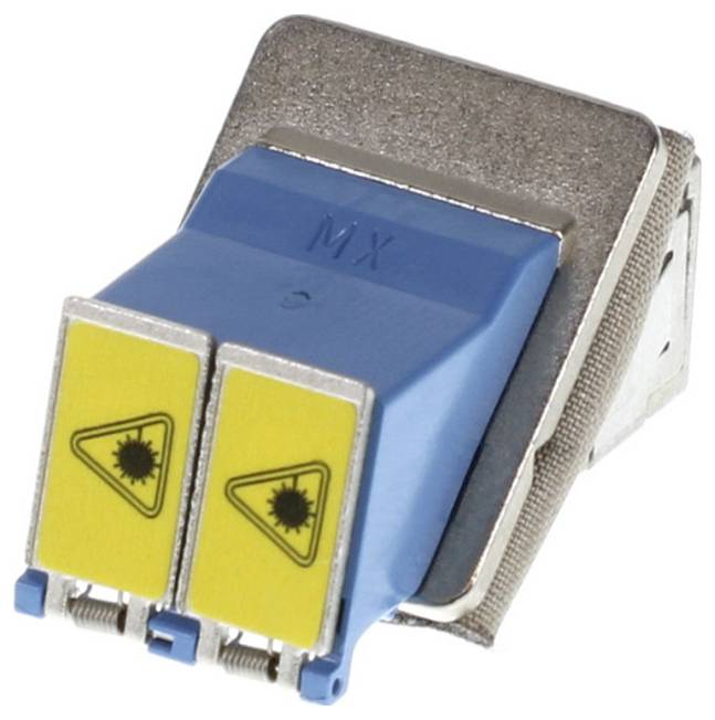 Zwei gelbe Lasermodule auf einer blauen Halterung mit silberner Basis, oft verwendet in optischen Geräten oder Maschinen.