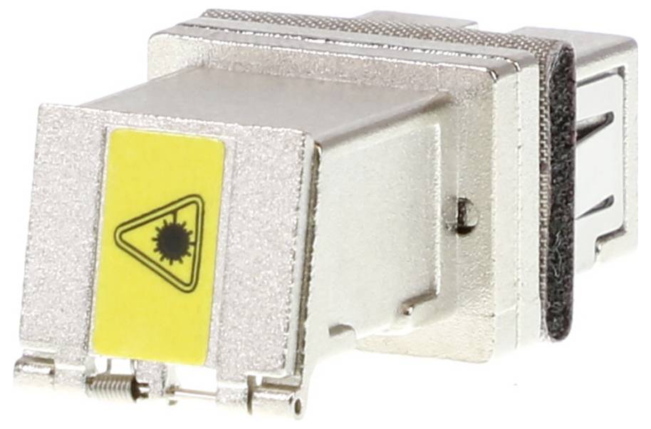 Glänzender metallischer Steckverbinder mit gelbem Warnschild für Laserstrahlung, zeigt Vorsichtsmaßnahmen im Umgang mit dem Gerät.