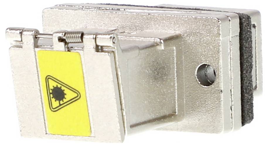 Ein Metallstecker mit gelbem Warnsymbol für Laserstrahlung. Kompakte Bauweise mit rechteckiger Form und seitlicher Befestigungsöffnung.
