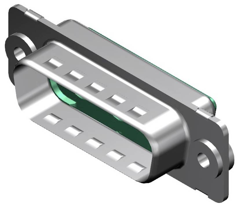 Ein metallener D-Sub-Stecker mit mehreren Anschlussstiften. Design für elektronische Verbindungen und industrielle Anwendungen geeignet.