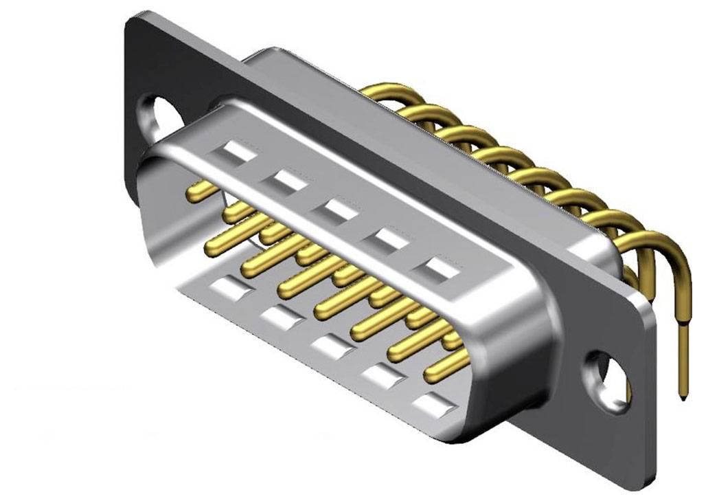 Ein elektrischer Steckverbinder mit mehreren goldfarbenen Pins und einem metallischen Gehäuse, designiert für den Anschluss elektronischer Geräte.