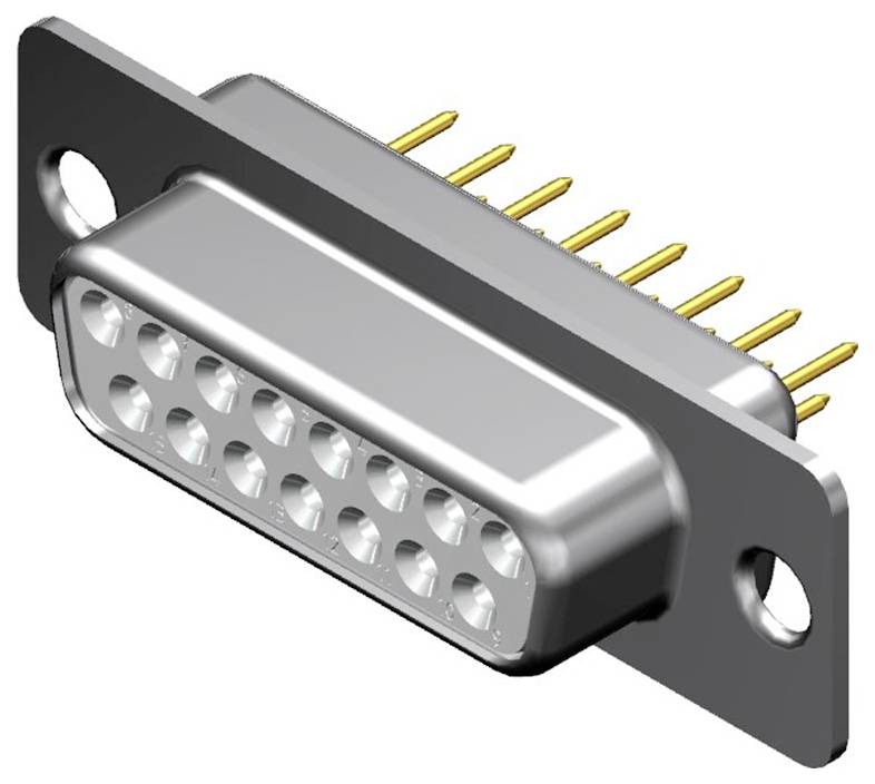 Metallischer 15-poliger D-Sub-Stecker mit Schraubbefestigungen und goldenen Pins, häufig verwendet für serielle Schnittstellen.