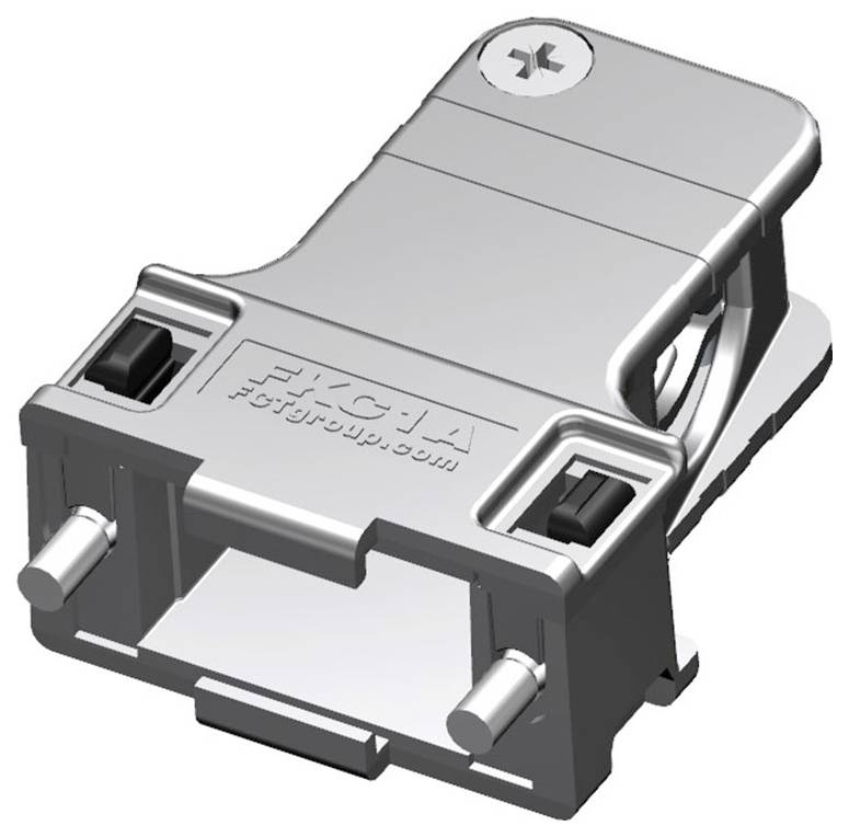 Ein silbernes Kunststoffbauteil mit rechteckiger Form und integrierten Schrauben. Oberseite trägt die Prägung 'FCA FCIgroup.com'.