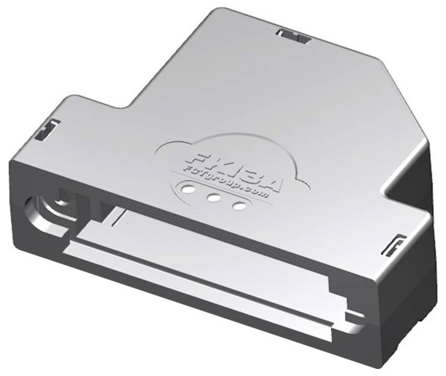 Ein rechteckiges, silbernes Bauteil mit mehrere Anschlüssen, möglicherweise ein elektrisches oder mechanisches Modul.