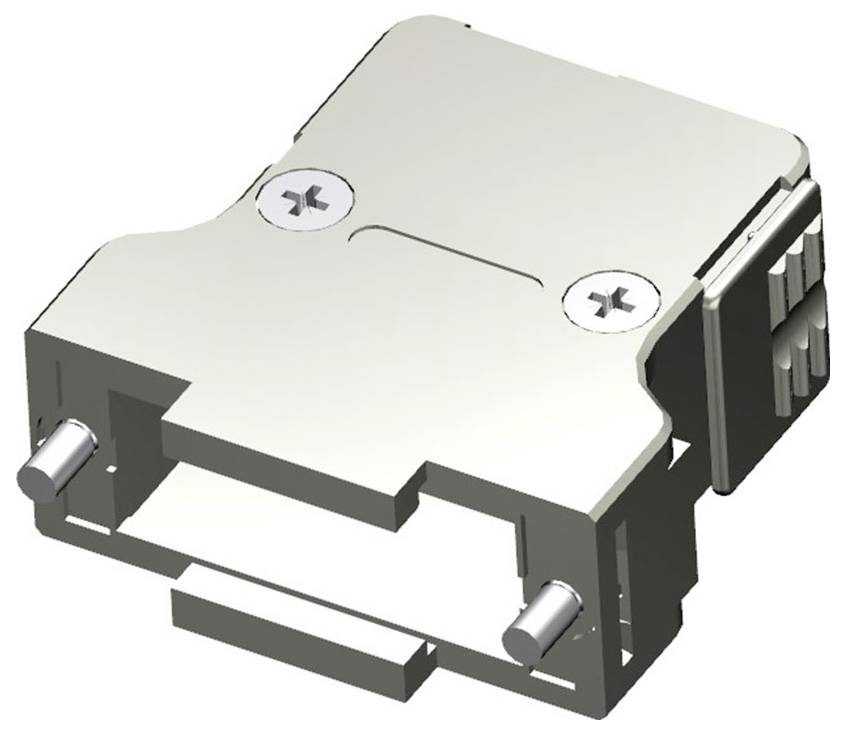 Metallverbinder mit Schrauben und Clips, perspektivische Ansicht von oben. Gerät eignet sich zur Verbindung von elektrischen Kabeln oder Komponenten.