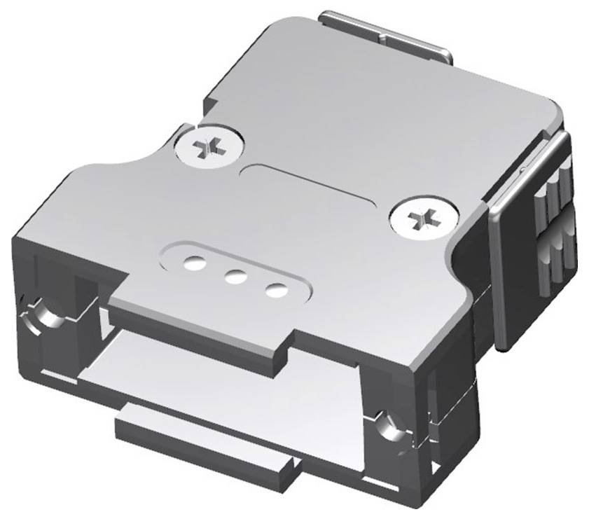 Ein 3D-Modell eines rechteckigen Steckverbinders mit zwei sichtbaren Schrauben oben und vier Anschlüssen an den Seiten.