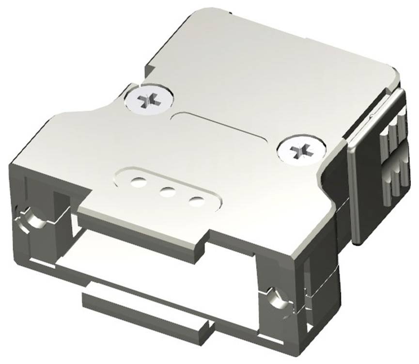 Metallteil mit rechteckiger Form, Öffnung und Schrauben oben, möglicherweise ein elektrisches oder mechanisches Bauteil.