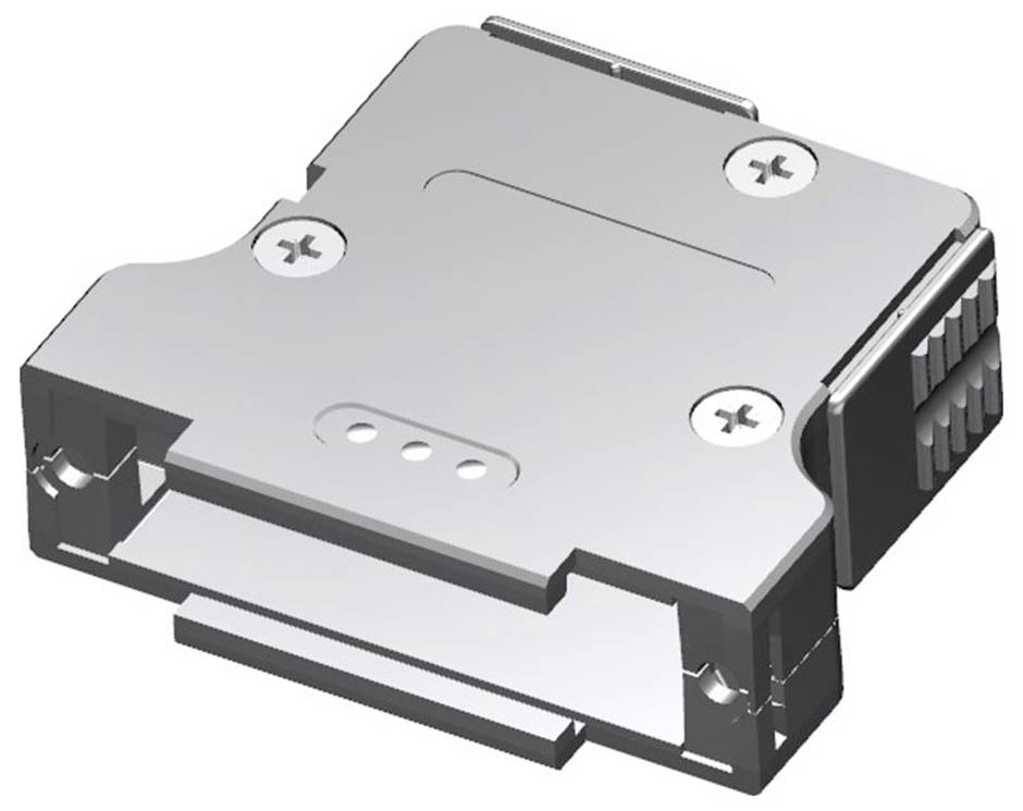 Metallkomponente mit Schraubenlöchern und seitlichen Steckverbindern, möglicherweise ein Teil eines elektronischen Geräts.