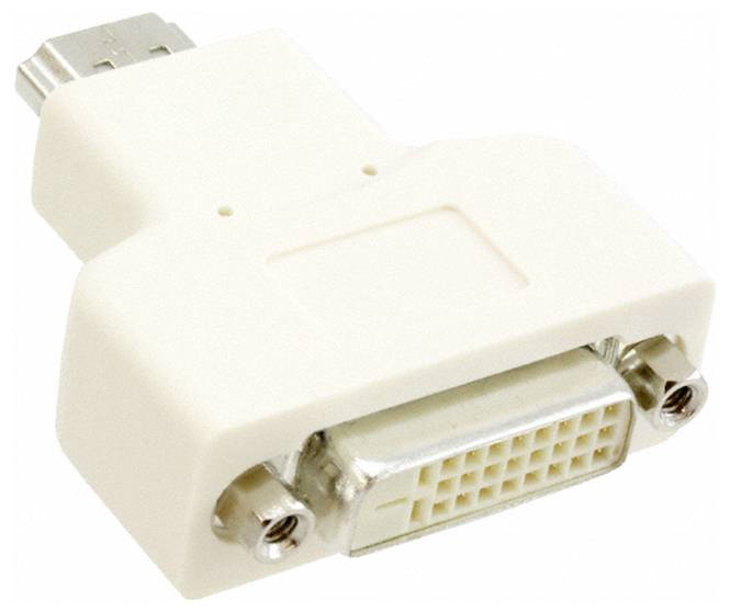 Ein weißer DVI-auf-HDMI-Adapter mit einem DVI-Anschluss an einem Ende und einem HDMI-Anschluss am anderen Ende, verwendet zum Verbinden von Videogeräten.