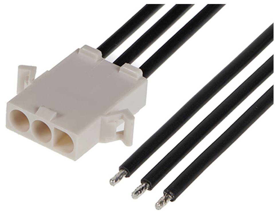 Dreipoliger Stecker mit schwarzen Kabeln, geeignet für elektronische Verbindungen und elektrische Installationen.
