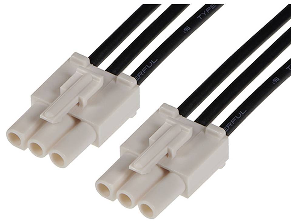 Zwei weiße, dreipolige Stecker mit schwarzen Kabeln, die parallel zueinander verlaufen.