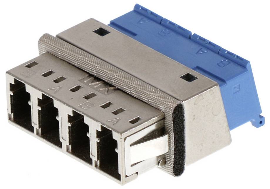 Ein optisches LC-Duplex-Adaptermodul mit Metall- und Kunststoffgehäuse. Es zeigt vier Anschlussplätze, geeignet für Glasfaserkabel.