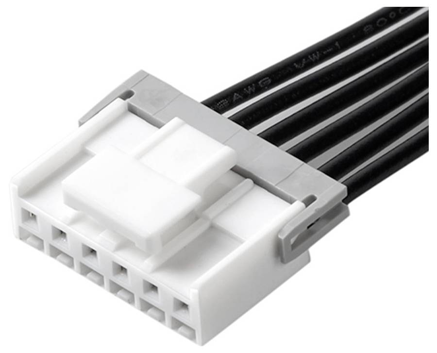 Ein weißer elektrischer Stecker mit acht Stiften und angeschlossenen schwarzen Drähten, der zum Verbinden von Komponenten in elektronischen Geräten verwendet wird.