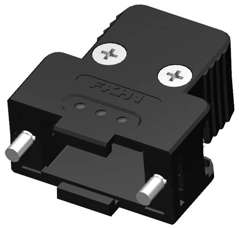 Ein schwarzer Kunststoffstecker mit zwei silbernen Schrauben oben, geprägter Schrift auf der Oberseite, und zwei Metallstiften unten.