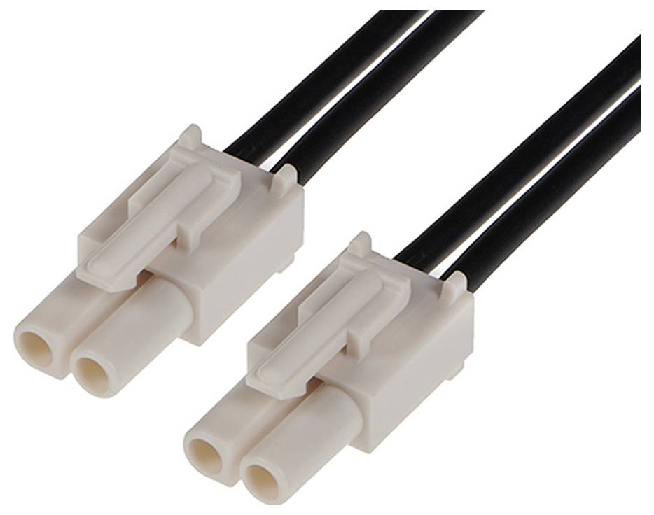 Zwei weiße Steckverbinder mit je zwei schwarzen Drähten, nebeneinander liegend. Geeignet für elektrische Verbindungen.