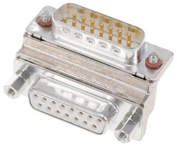 Ein Dual-Port-D-Sub-Steckverbinder mit Metallgehäuse. Der obere Anschluss verfügt über männliche Stifte, und der untere Anschluss hat weibliche Buchsen, die für die serielle Kommunikation verwendet werden.