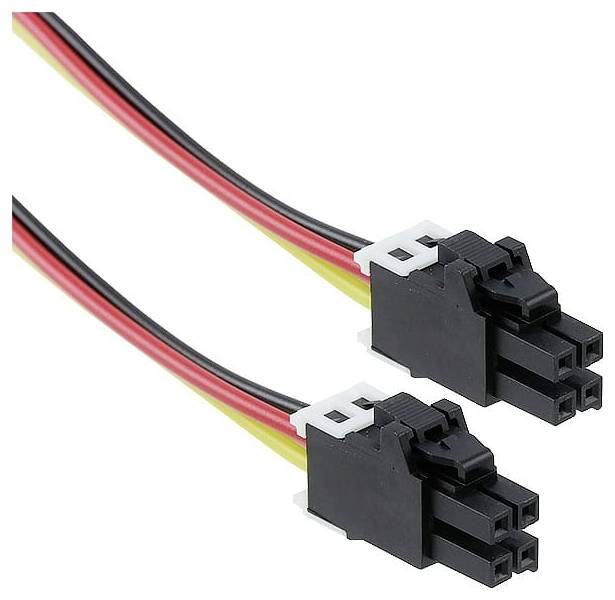Zwei schwarze Computer-Stromverbinder mit roten, gelben und schwarzen Kabeln.
