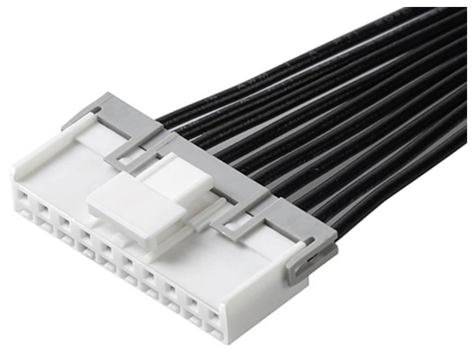 Ein mehrpoliger Steckverbinder mit weißen und schwarzen Kabeln, verwendet für elektronische Verbindungen in technischen Geräten.