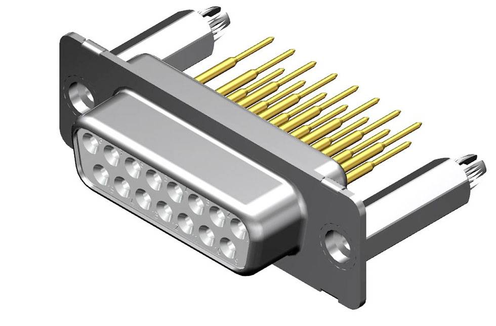 Ein D-Sub-Steckverbinder mit 15 goldenen Pins, oft für Computer- und elektronische Verbindungen verwendet.
