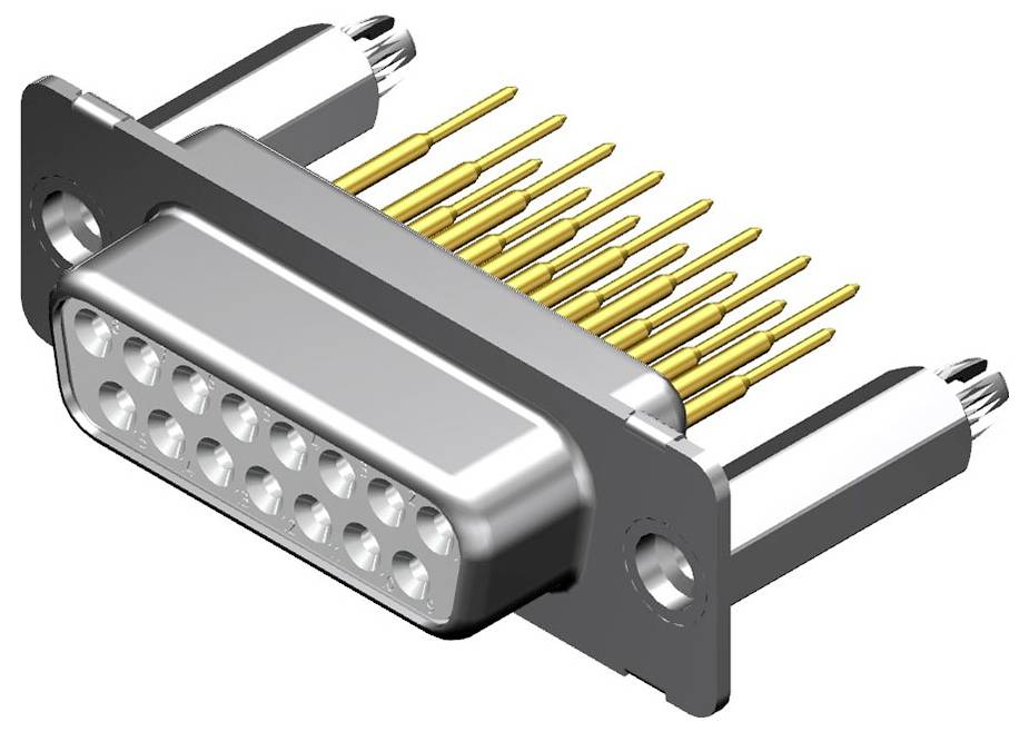 Ein D-Sub-Stecker mit Metallgehäuse und goldfarbenen Stiften, typischerweise für serielle Schnittstellen verwendet.