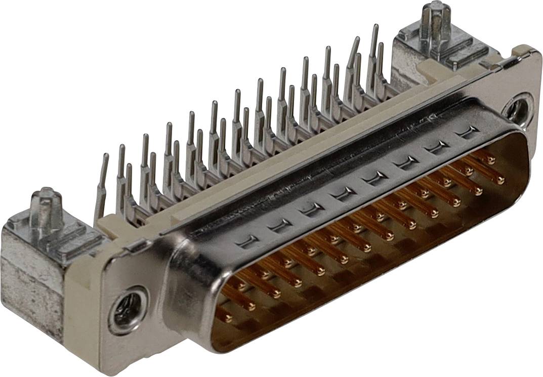 Ein Metall-25-polig-Steckverbinder, der zur Datenübertragung oder elektrischen Verbindung verwendet wird und Stifte und Befestigungshardware zeigt, typischerweise für Computer- oder industrielle Anwendungen.