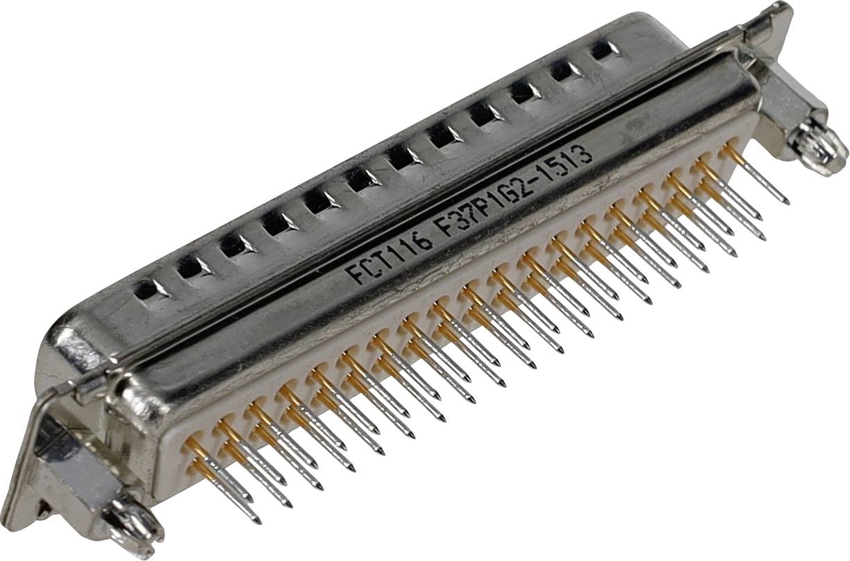 Ein Nahaufnahmebild eines zweireihigen männlichen Stiftleisten-Headers mit 50 Pins, der zum Verbinden elektronischer Komponenten verwendet wird.