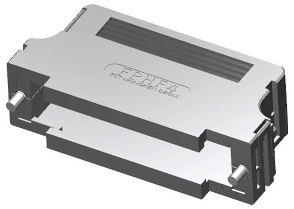 Graues, rechteckiges elektronisches Bauteil mit Aufschrift 'FPTF' und 'protected design'; Bauelement mit Metallstiften an beiden Seiten.