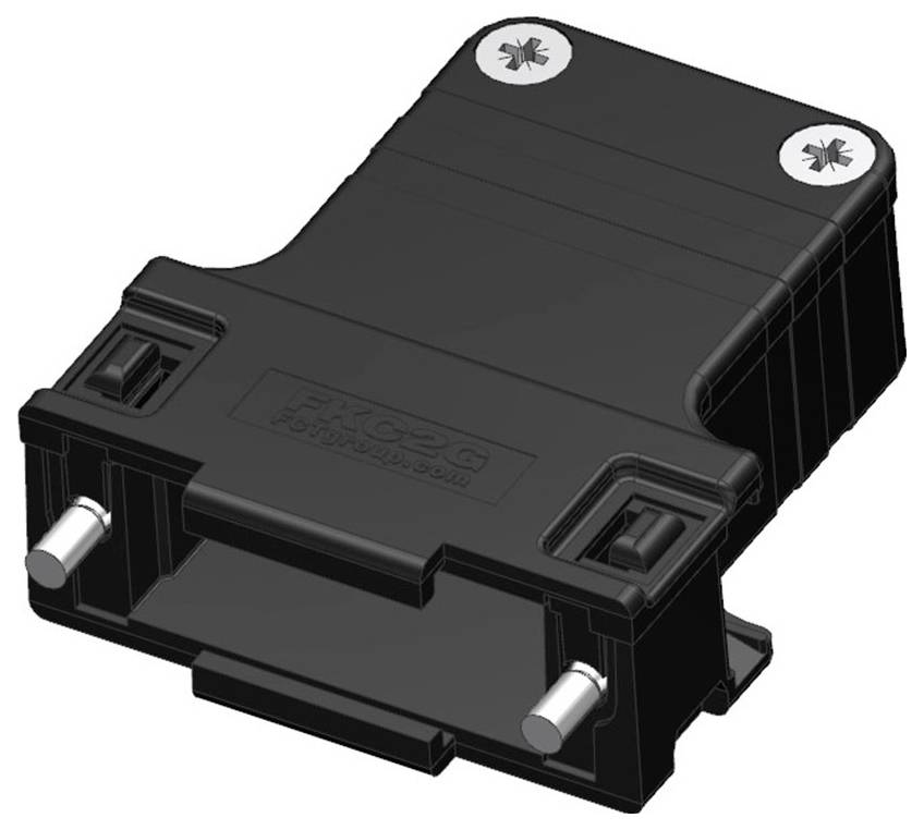 Schwarzes, rechteckiges Bauteil mit Schrauben an den Ecken, vermutlich elektronisches Gerät oder Modul, Kunststoffgehäuse, zwei Steckkontakte.