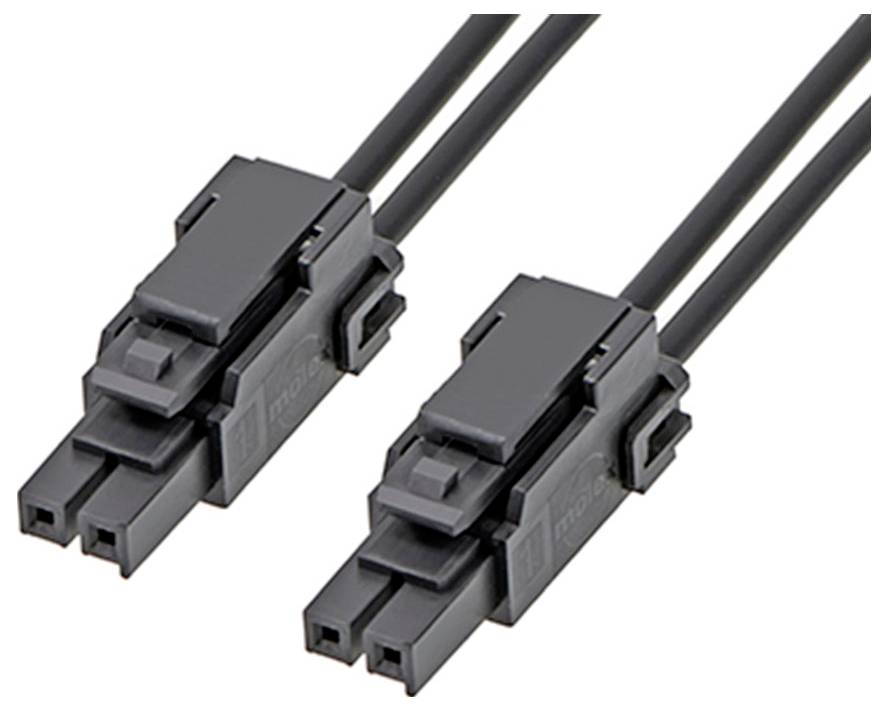 Zwei schwarze Steckverbinder mit Kabeln, geeignet für elektrische Verbindungen in technischen Geräten.