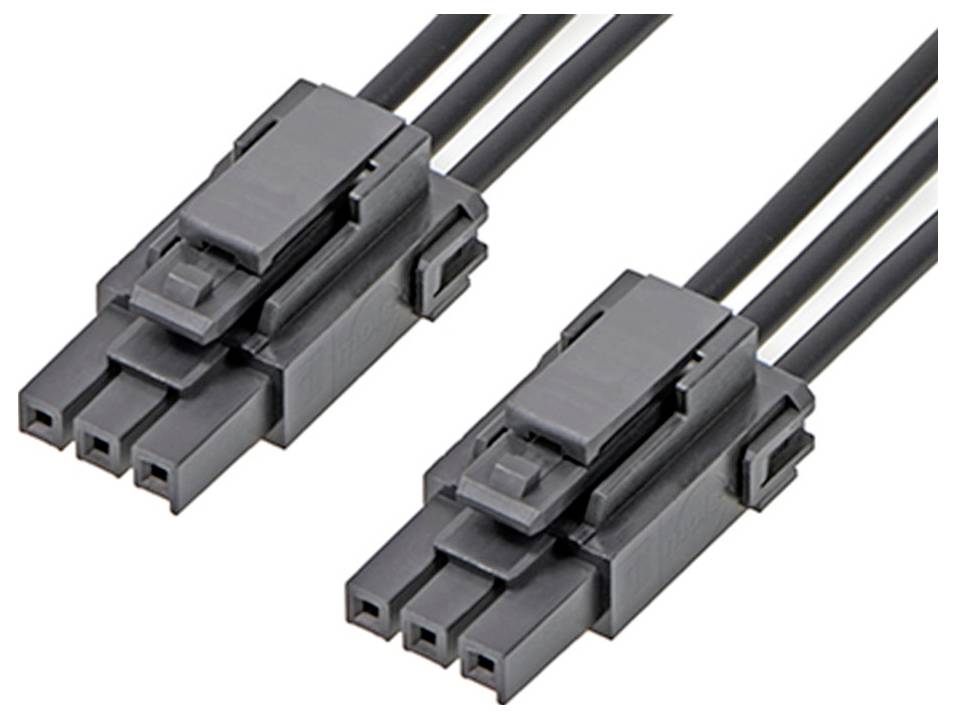 Zwei schwarze 3-polige Steckverbinder mit Kabeln. Die Clips sind zum sicheren Verbinden der Stecker positioniert.