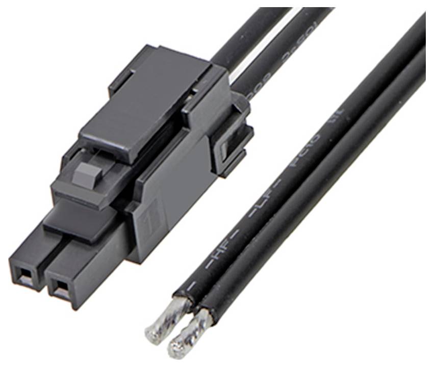 Ein schwarzer Steckverbinder mit zwei offenen Kabelenden, vermutlich für Elektronik- oder Elektrozwecke verwendet.