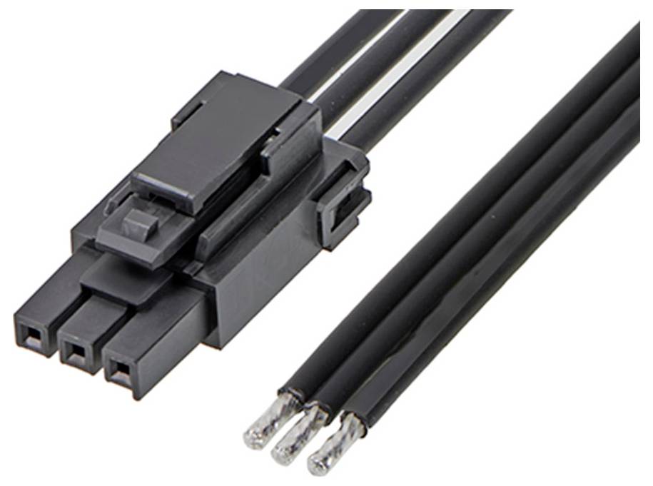 Schwarzer dreipoliger Steckverbinder mit drei freiliegenden Kabelenden, geeignet für industrielle und elektronische Anwendungen.