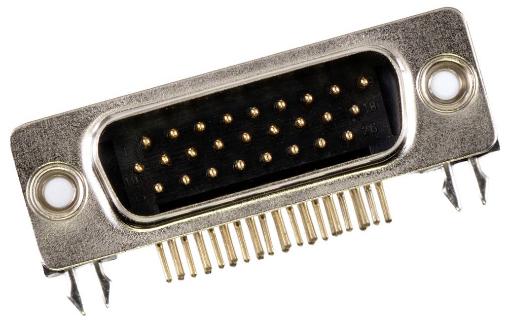 Ein D-Sub-Stecker mit 25 goldenen Pins. Used in computing for data transfer connections. Metallenes Gehäuse, zwei Befestigungslöcher.