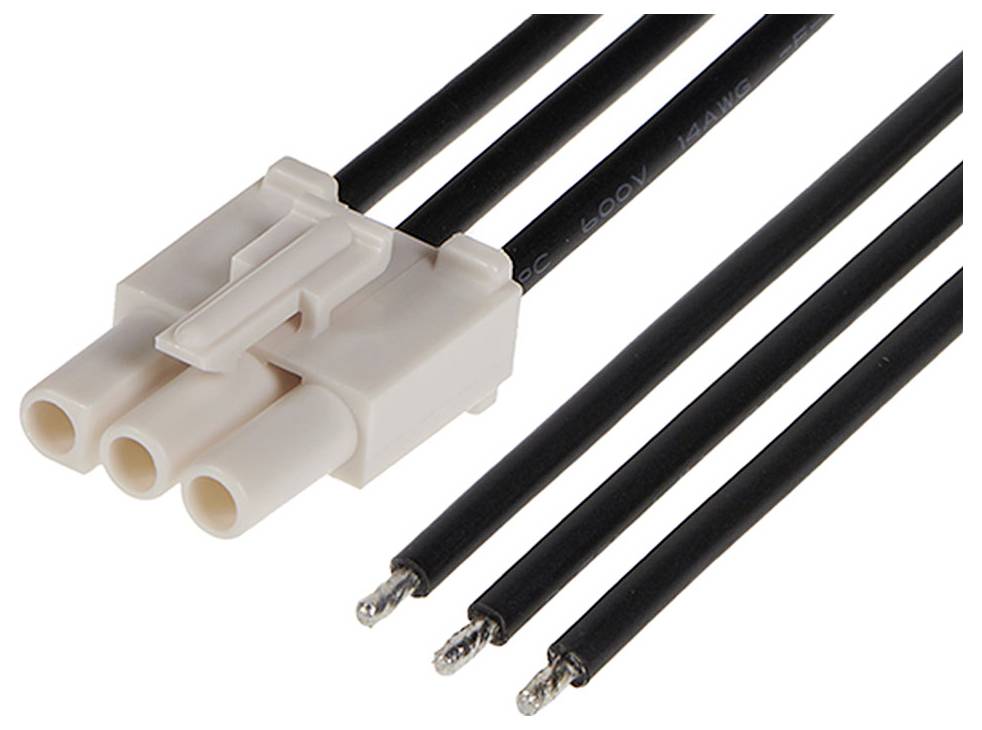 Dreiadriger elektrischer Steckverbinder mit schwarzem Kabel, zeigt die Enden der Drähte und den weißen Kunststoffstecker.