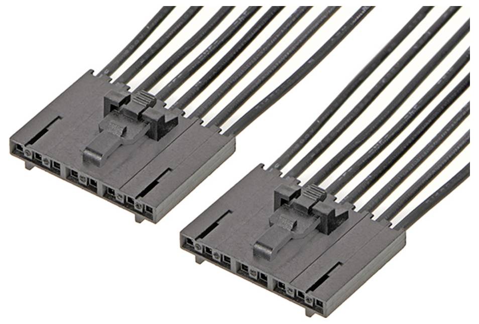 Zwei schwarze Steckverbinder mit mehreren Drähten, die zur Verbindung elektronischer Geräte verwendet werden.