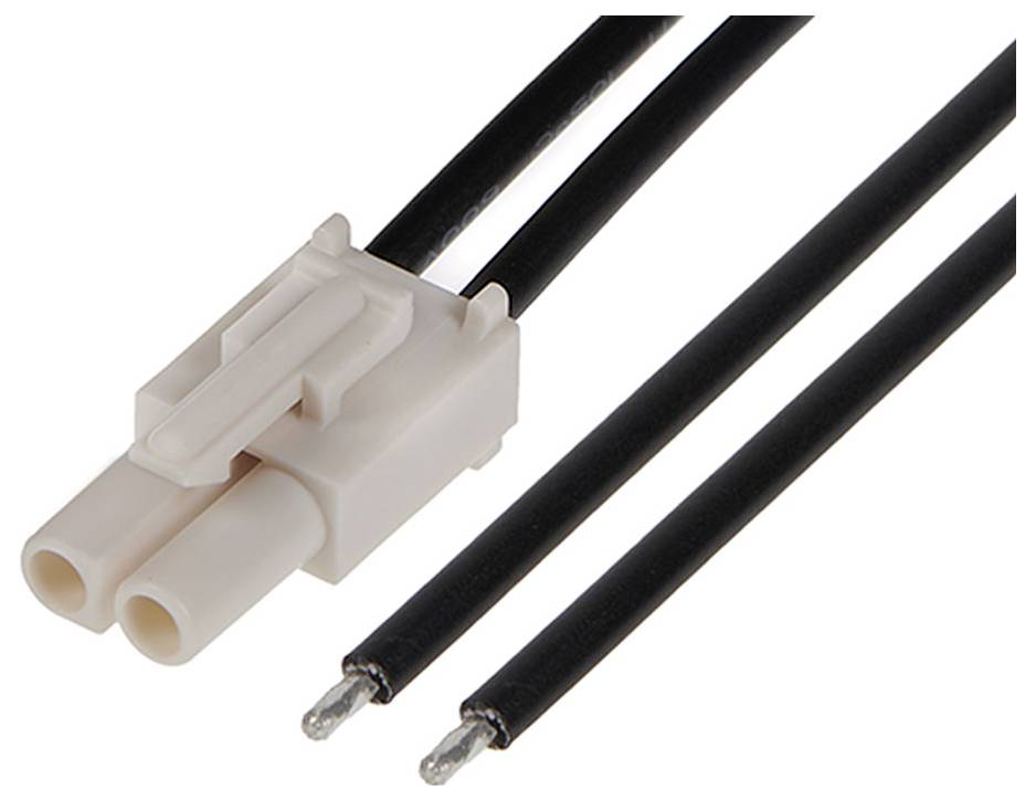 Zweipoliger weißer Stecker mit schwarzen Kabeln.