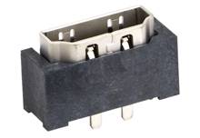 USB-Anschlussbuchse mit rechteckiger Form und zwei Metallstiften an der Unterseite, geeignet für elektronische Verbindungen.