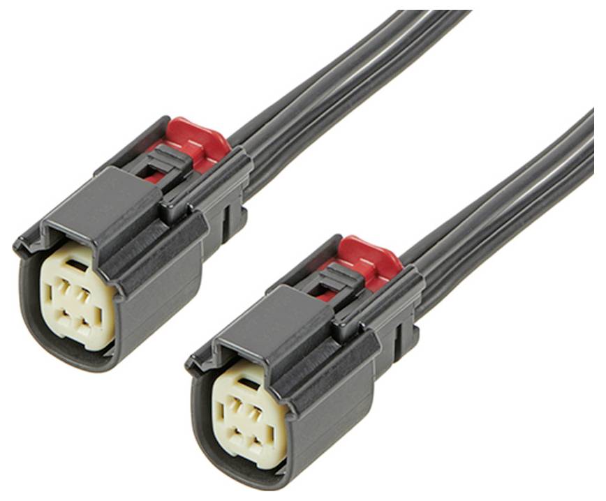 Zwei schwarze elektrische Steckverbinder mit roten Clips und mehreren Kabeln, die nebeneinander angeordnet sind.