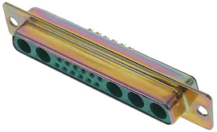 Ein mehrfarbiger, rechteckiger elektrischer Stecker mit mehreren kreisförmigen Löchern, der für Kabelverbindungen verwendet wird, gezeigt auf weißem Hintergrund.