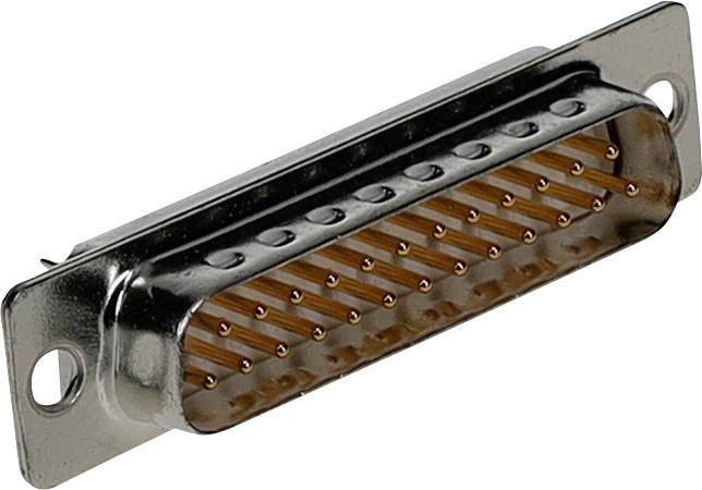 Ein D-Sub-Anschluss mit einem Metallgehäuse und mehreren Pins, die in zwei Reihen angeordnet sind.