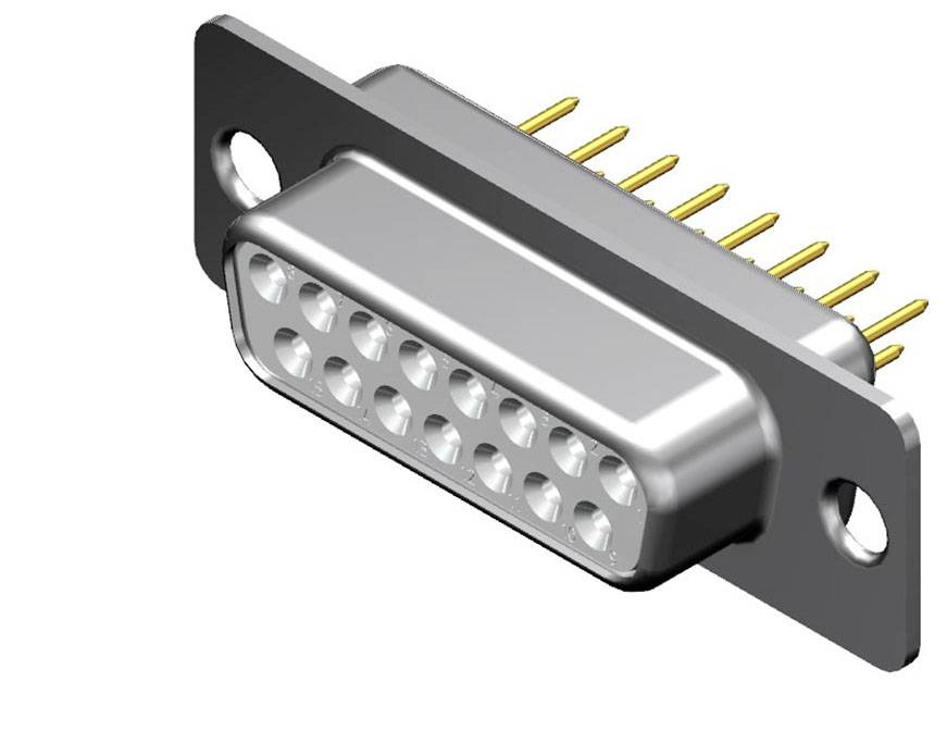 Ein 9-poliger D-Sub-Stecker mit Metallgehäuse und goldenen Pins zur elektrischen Verbindung zwischen Geräten.