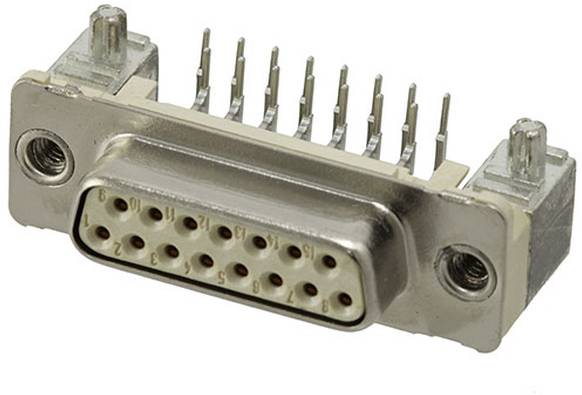 Ein 13-poliger D-Sub-Stecker mit Metallgehäuse und Schrauenlöchern zur Befestigung. Stifte sind in zwei Reihen angeordnet und werden häufig für elektronische Verbindungen verwendet.